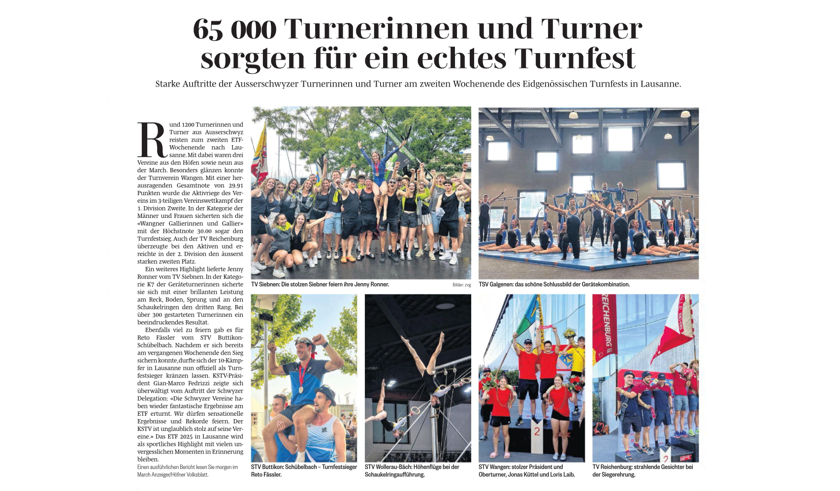 Bericht im March Anzeiger und Höfner Volksblatt über die Ausserschwyzer Vereine am ETF 2025 in Lausanne